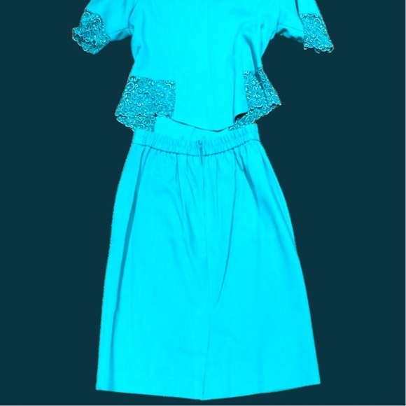 VINTAGE SL Fashions 2-piece skirt suit SET teal turquoise lace blazer 70s 80s - Picture 3 of 16